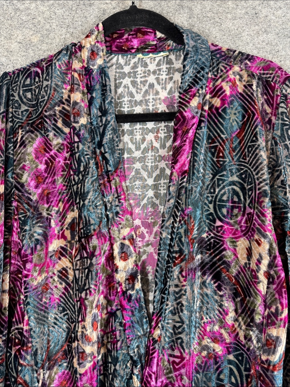 Anthropologie Multicolor Velvet Kimono Cardigan Black Fuchsia Festival Duster - Picture 3 of 14